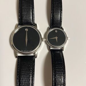 A pair of movado watches, one is for the men, and the other is for women.